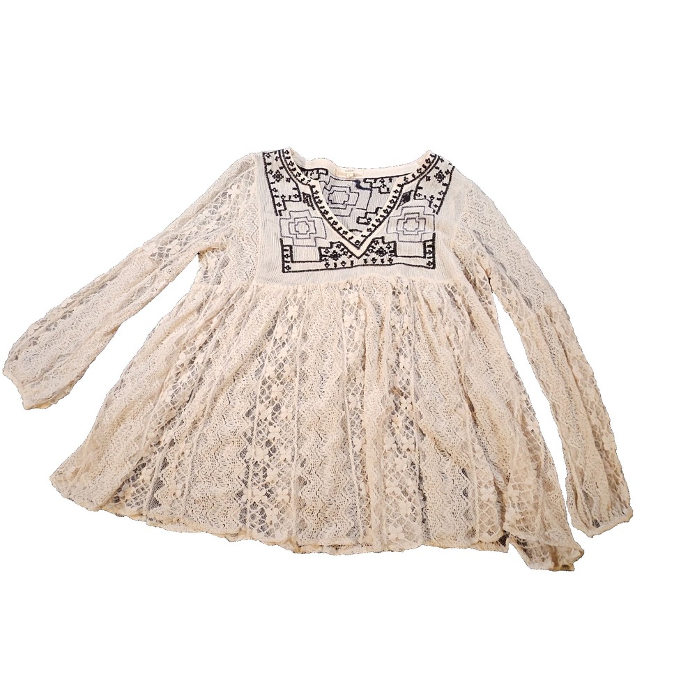 Embroidered Beige Floral Boho,Hippie, 70's,Festival, Peasant Lace Blouse SZ L